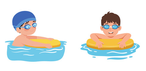Two boys swimming with floaties in pool water during summer, white background, isolated, vector, set  