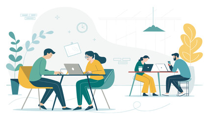 Teamwork in a modern co-working space. Illustration ideal for websites, brochures, and presentations.