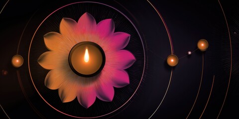 A vibrant digital illustration of a lotus flower with a candle at its center, surrounded by glowing orbs and circular lines, symbolizing peace and spirituality.
