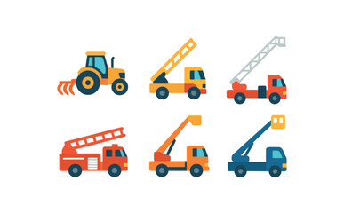 Colorful construction and agricultural vehicles illustration with trucks and tractor