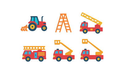 Red construction vehicles and equipment icons