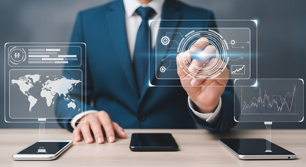 A businessman in a suit interacting with futuristic digital interfaces and data.