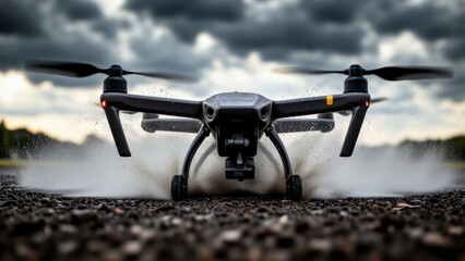 In a stormy grey sky, a rugged UAV lands on muddy field, water splashing from rotors. Scratches evident on carbon-fiber body, dirt track highlighted by the rain.