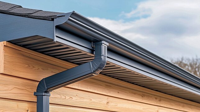 low-angle shot focusing on the juncture of wall and roof, where a wide, black rectangular rain gutter precisely meets warm, horizontal wooden siding. The deep overhang of the soffit reveals 