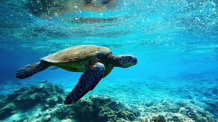 Fototapeta premium Hawaiian Green Sea Turtle Swimming in Clear Ocean with Coral Reef, Sunlight Filtering – Natural Underwater Scene for Marine Conservation & Travel