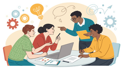 Diverse team brainstorming, collaborating on a project. Ideal for website landing pages, presentations, and brochures showcasing teamwork and innovation.