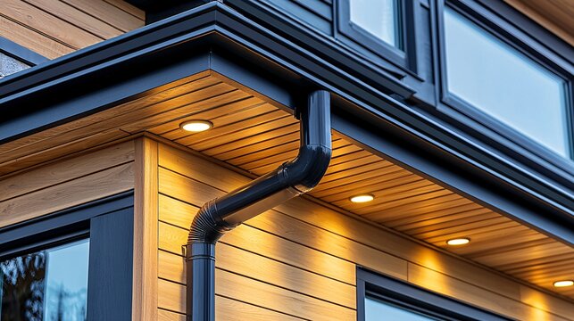 composition highlighting black drainage pipe aligned with vertical wooden siding and soffit edge lit by embedded soft white lights black drainage pipe architectural contrast wood siding soffit 
