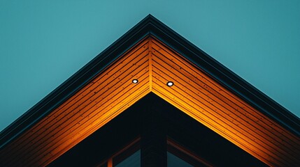 Obraz premium composition showing geometric balance between horizontal wood soffit and vertical black gutter illuminated by architectural downlighting geometric balance gutter wood soffit lighting contrast 