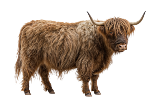 Majestic Highland cow a symbol of Scottish strength with its shaggy coat standing proudly on transparent background