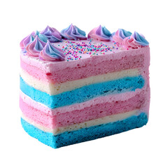 Colorful layered cake with pink and blue frosting representing celebration isolated on transparent background.