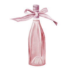 Glass of wine watercolor illustration. Drink alcoholic pink sparkling with a bow on the stem. Clip art drinks. Wine shop booklets. Ideal for restaurant menus, posters and advertising signs.