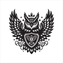Obraz premium Detailed Black and White Owl Crest with Crown and Shield Design.