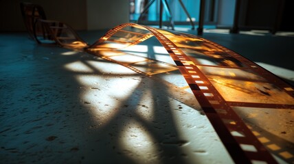 Una cinta de celuloide abandonada proyecta sombras sobre un suelo polvoriento, evocando la nostalgia y el paso del tiempo.