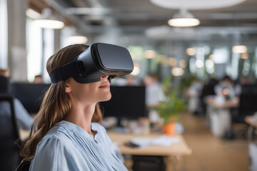 Corporate employee wearing VR headset during virtual reality safety training in industrial office space, immersive workplace learning and modern HR technology