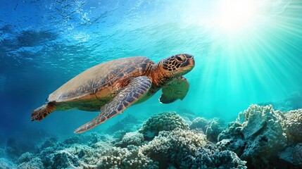 Obraz premium Hawaiian Green Sea Turtle Swimming in Clear Ocean with Coral Reef, Sunlight Filtering – Natural Underwater Scene for Marine Conservation & Travel