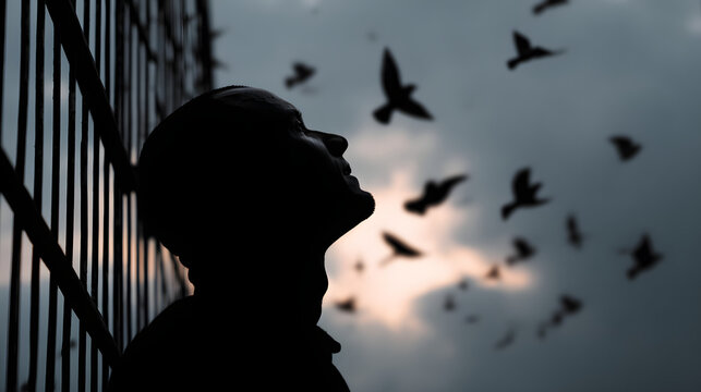Silhouette of a man on the background of the prison bars, the sky and birds flying away as a symbol of freedom. Concept on the topic of psychology, psychiatry, religion, freedom