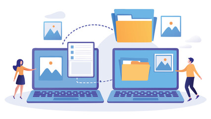 Illustration of data transfer between two laptops with people and file folders depicted in the scene