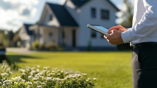 A real estate agent welcomes potential buyers with a tablet in front of a new suburban home, surrounded by lush grass and blooming flowers.