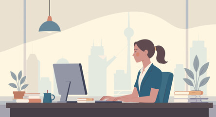 Businesswoman working at her desk in modern office with city view - perfect for website banners, landing pages, or brochures.