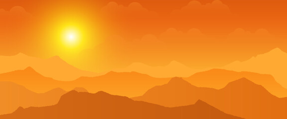 Fototapeta premium Landscape with mountains and sun, Mountainous terrain, Sun set wallpaper design for wall arts, cover, fabric.