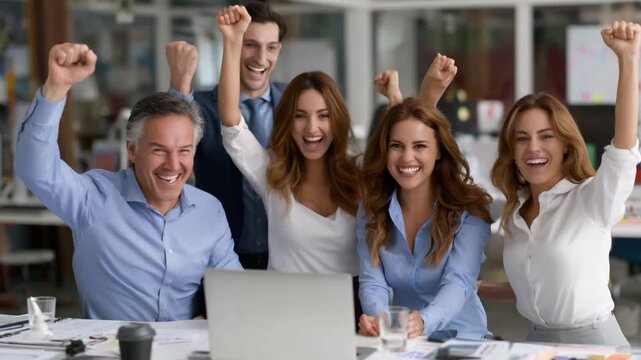 Team triumph over the desk: A united group of business professionals is exuberant about their achievement at work. This image portrays triumph, happiness, and joy.