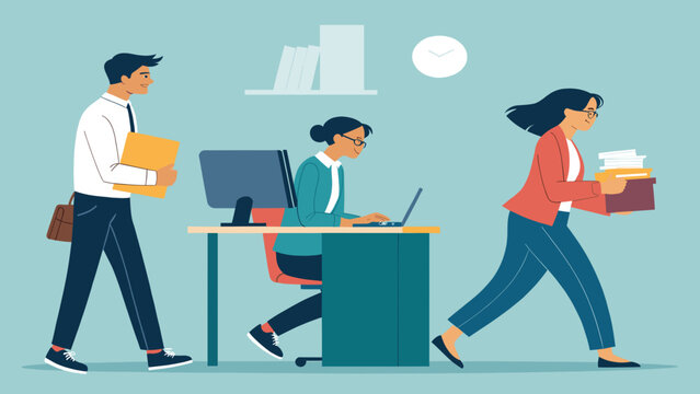 Illustration of busy office workers: one walking, one working at computer, and one leaving with files. Perfect for articles on workplace productivity, teamwork, or employee wellbeing.
