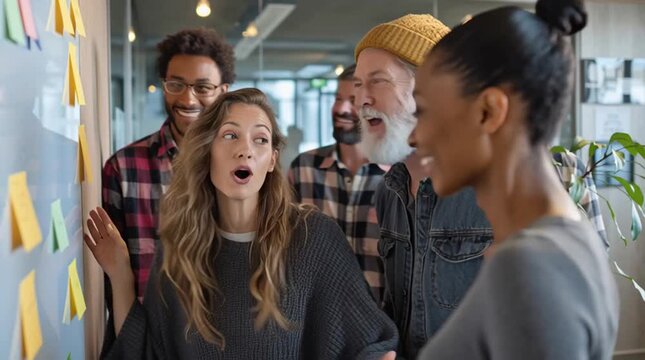 Diverse Coworkers Brainstorming in a Bright Office: Casual Professionals Around a Whiteboard