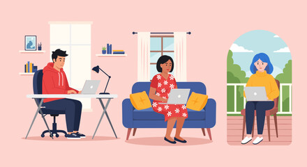 Diverse group of people working remotely from home, perfect for illustrating work-from-home concepts on websites or brochures.