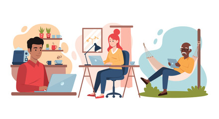 Diverse group of people working remotely from home, illustration perfect for blog posts about remote work, work-life balance, or flexible work.