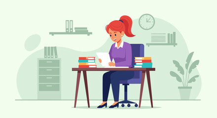 Happy businesswoman working at her desk, reviewing documents. Perfect for websites, brochures, and marketing materials related to business and office life.