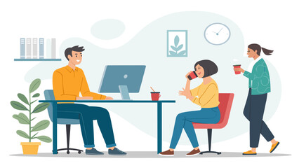 Happy diverse coworkers collaborating in a modern office, perfect for illustrating teamwork and productivity on a company website or brochure.