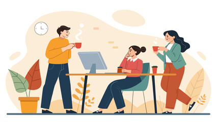 Happy colleagues enjoying coffee break at office, perfect for website banners or blog posts about workplace culture.