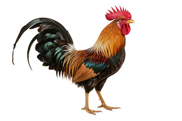 Fototapeta premium A vibrant rooster with fiery red comb golden plumage crowing a new dawn with proud majestic on transparent background