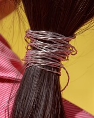 Una trenza negra envuelta en hilo plateado y rosa sobre un fondo amarillo.