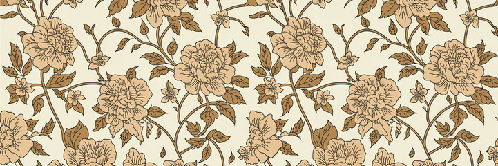 Vintage floral pattern with delicate botanical illustration in muted earth tones