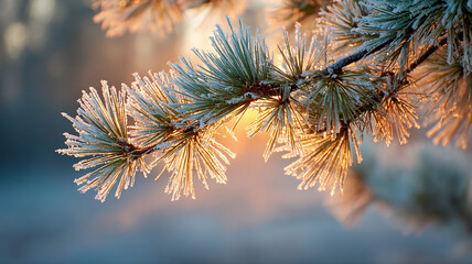Frosted pine needles sparkling in sunrise glow amid silent alpine morning &ndash; beautiful image, nature view, real look