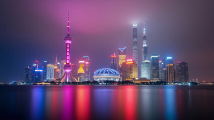 Shanghai's skyline at night, with the Oriental Pearl Tower and colorful lights reflecting on the Huangpu River.