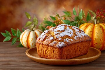 Delicious homemade pumpkin bread on rustic wooden plate, cozy fall dessert, traditional holiday treat, perfect for seasonal menu or Thanksgiving celebration.
