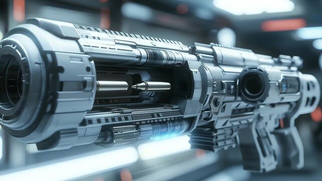 A detailed inspection of a futuristic weapon featuring metallic surfaces and advanced technology set in a sci fi environment