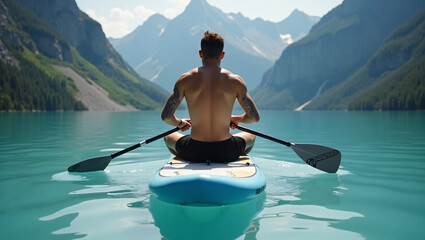 A shirtless man paddle boards on a turquoise lake, surrounded by mountains.