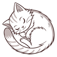 Sleeping cat curled up, isolated on a clean white background for pet or cozy themes.