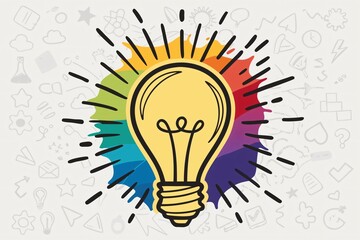 Bright yellow lightbulb radiating colorful energy idea