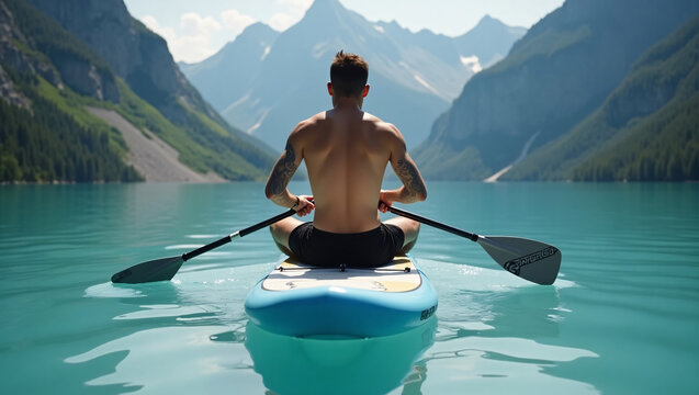 A shirtless man paddle boards on a turquoise lake, surrounded by mountains.