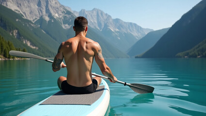 A shirtless man paddle boards on a turquoise lake, with mountains in the background.