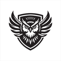 Obraz premium Stylized Owl Emblem with Shield Wings and Sharp Gaze in Black Silhouette.