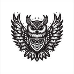 Stylized Owl with Intricate Wing Detail and Decorative Shield Emblem.