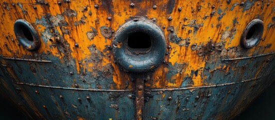 Rusted ship hull detail with peeling paint, showing rivets and portholes.