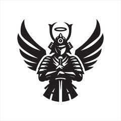 Obraz premium Winged Samurai Angel with Halo Holding Sword Black and White Design.