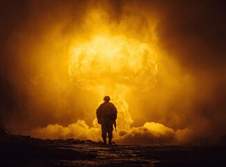 Obraz premium Silhouette of a soldier standing in front of a mushroom cloud from a nuclear explosion. Artwork decoration on a dark background. Selective focus, high-resolution photography, extremely detailed, black