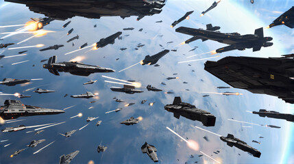 the image depicts a large scale space battle taking place near a blue and white planet